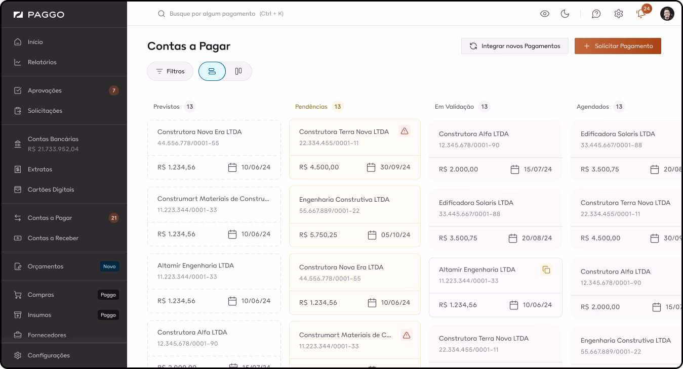 Tela de contas a pagar e receber da Paggo
